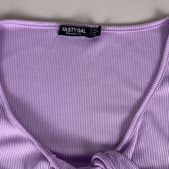 Nasty Gal lilac lavender ribbed tie-front bell-sleeve crop top lettuce edges - Picture 4 of 12
